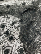 Floral 3D Palm Damask Mesh Lace Fabric - Glitter Embroidered Floral Damask, 48/50" Width, 36" Length (1 Yard)