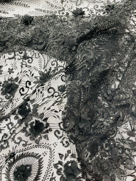 Floral 3D Palm Damask Mesh Lace Fabric - Glitter Embroidered Floral Damask, 48/50" Width, 36" Length (1 Yard)