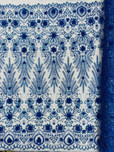 Floral 3D Palm Damask Mesh Lace Fabric - Glitter Embroidered Floral Damask, 48/50" Width, 36" Length (1 Yard)