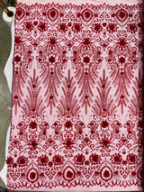 Floral 3D Palm Damask Mesh Lace Fabric - Glitter Embroidered Floral Damask, 48/50" Width, 36" Length (1 Yard)