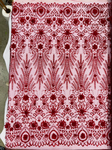 Floral 3D Palm Damask Mesh Lace Fabric - Glitter Embroidered Floral Damask, 48/50" Width, 36" Length (1 Yard)