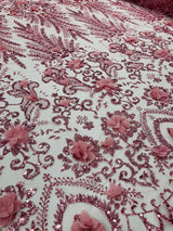 Floral 3D Palm Damask Mesh Lace Fabric - Glitter Embroidered Floral Damask, 48/50" Width, 36" Length (1 Yard)