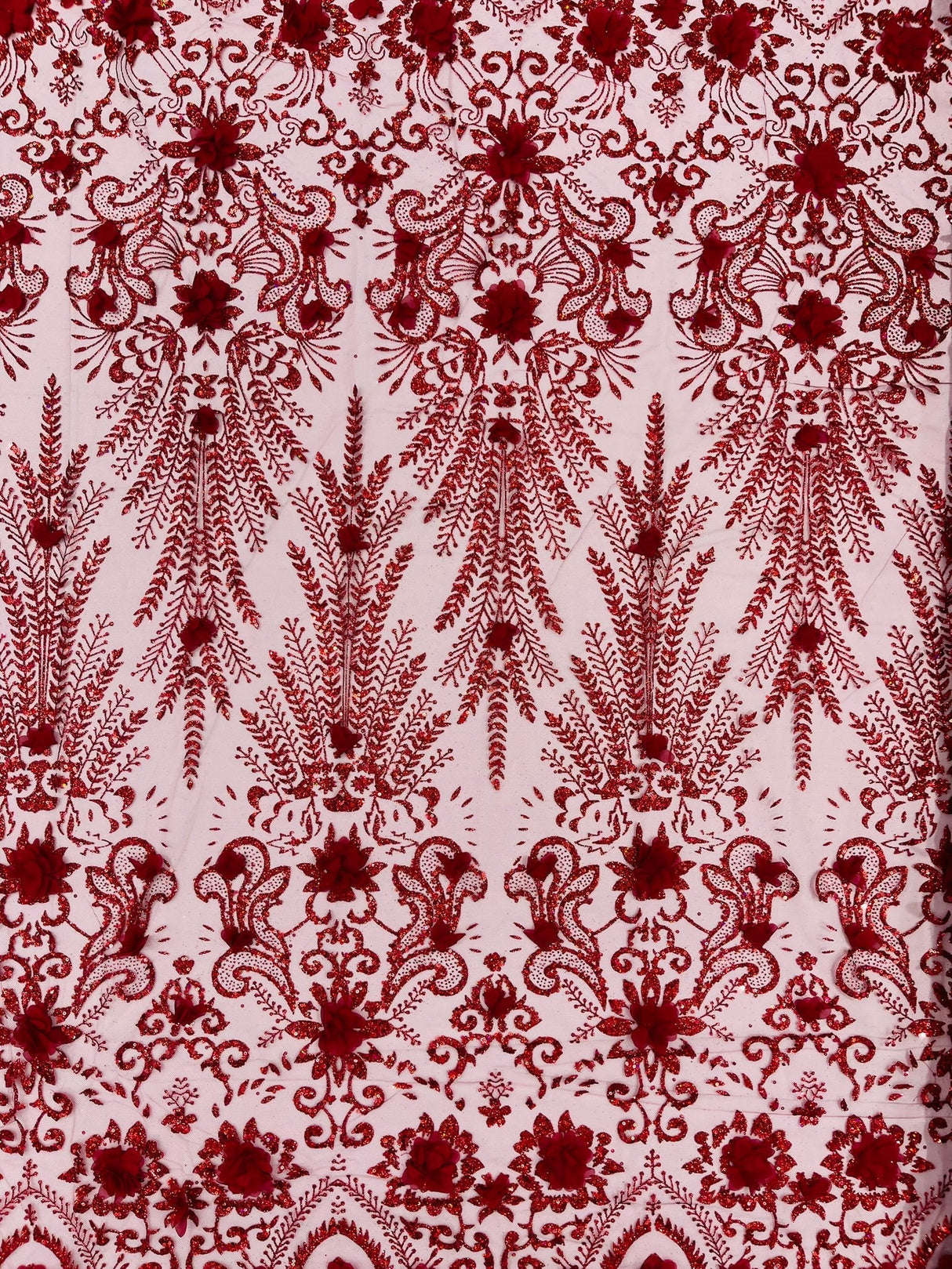 Floral 3D Palm Damask Mesh Lace Fabric - Glitter Embroidered Floral Damask, 48/50" Width, 36" Length (1 Yard)