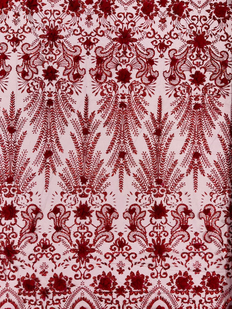 Floral 3D Palm Damask Mesh Lace Fabric - Glitter Embroidered Floral Damask, 48/50" Width, 36" Length (1 Yard)