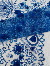 Floral 3D Palm Damask Mesh Lace Fabric - Glitter Embroidered Floral Damask, 48/50" Width, 36" Length (1 Yard)