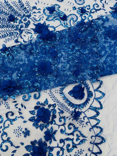Floral 3D Palm Damask Mesh Lace Fabric - Glitter Embroidered Floral Damask, 48/50" Width, 36" Length (1 Yard)