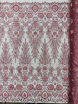 Floral 3D Palm Damask Mesh Lace Fabric - Glitter Embroidered Floral Damask, 48/50" Width, 36" Length (1 Yard)