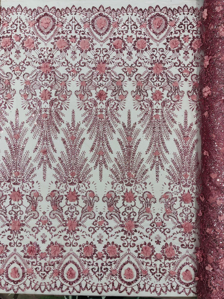 Floral 3D Palm Damask Mesh Lace Fabric - Glitter Embroidered Floral Damask, 48/50" Width, 36" Length (1 Yard)