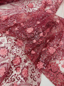 Floral 3D Palm Damask Mesh Lace Fabric - Glitter Embroidered Floral Damask, 48/50" Width, 36" Length (1 Yard)