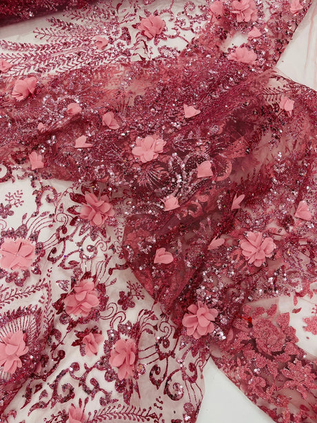 Floral 3D Palm Damask Mesh Lace Fabric - Glitter Embroidered Floral Damask, 48/50" Width, 36" Length (1 Yard)