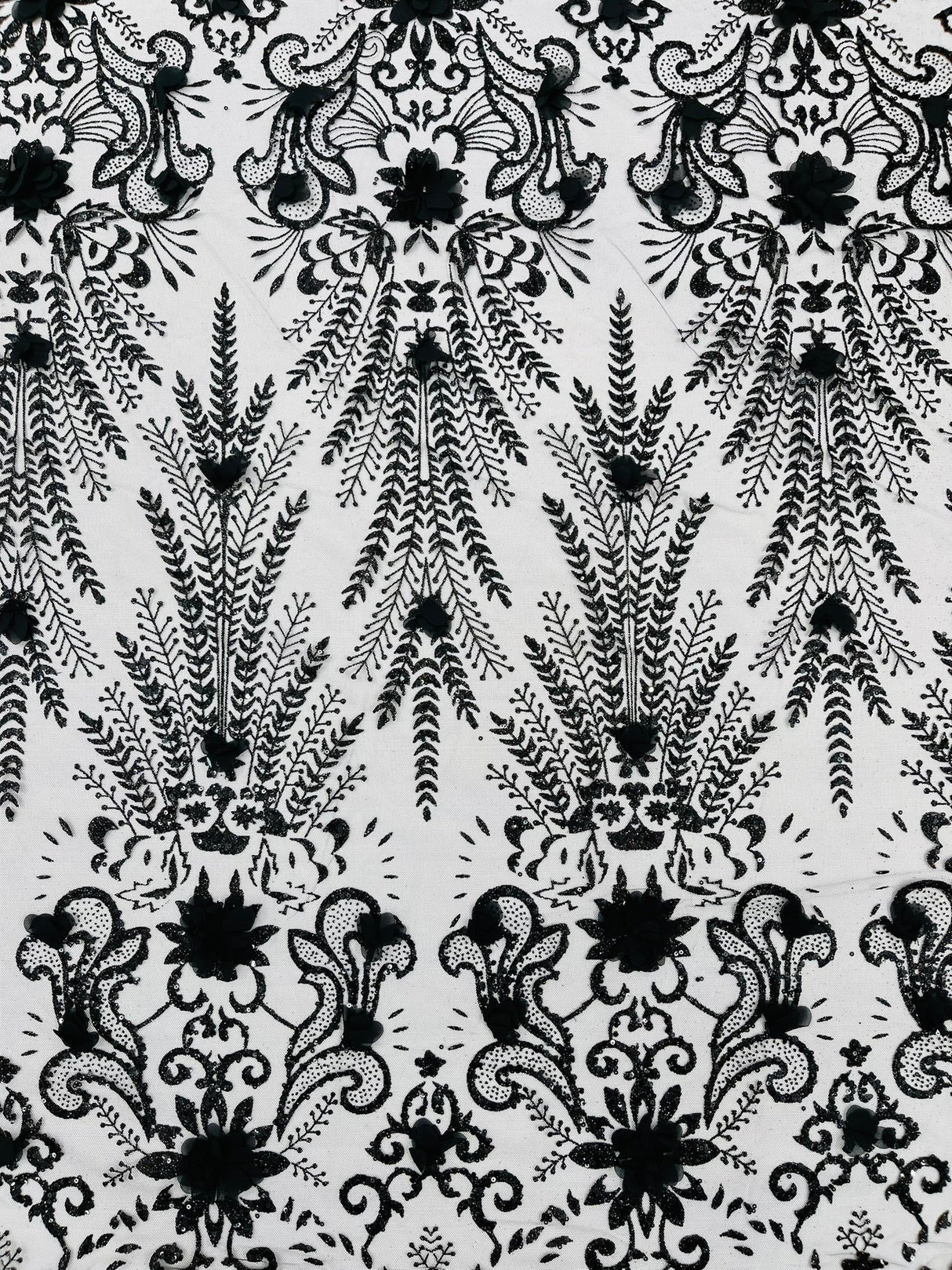 Floral 3D Palm Damask Mesh Lace Fabric - Glitter Embroidered Floral Damask, 48/50" Width, 36" Length (1 Yard)
