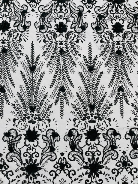 Floral 3D Palm Damask Mesh Lace Fabric - Glitter Embroidered Floral Damask, 48/50" Width, 36" Length (1 Yard)