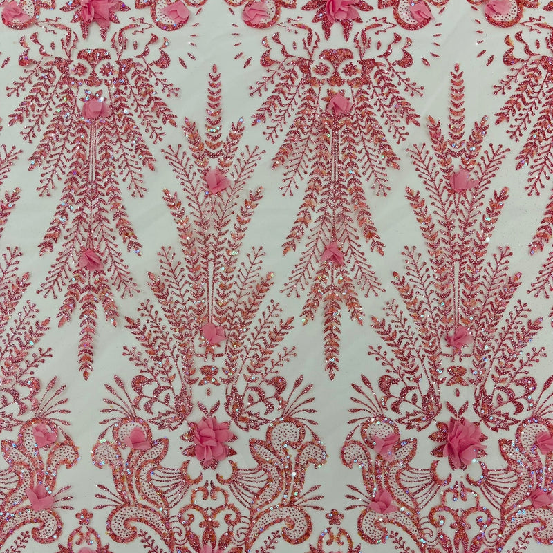 Floral 3D Palm Damask Mesh Lace Fabric - Glitter Embroidered Floral Damask, 48/50" Width, 36" Length (1 Yard)