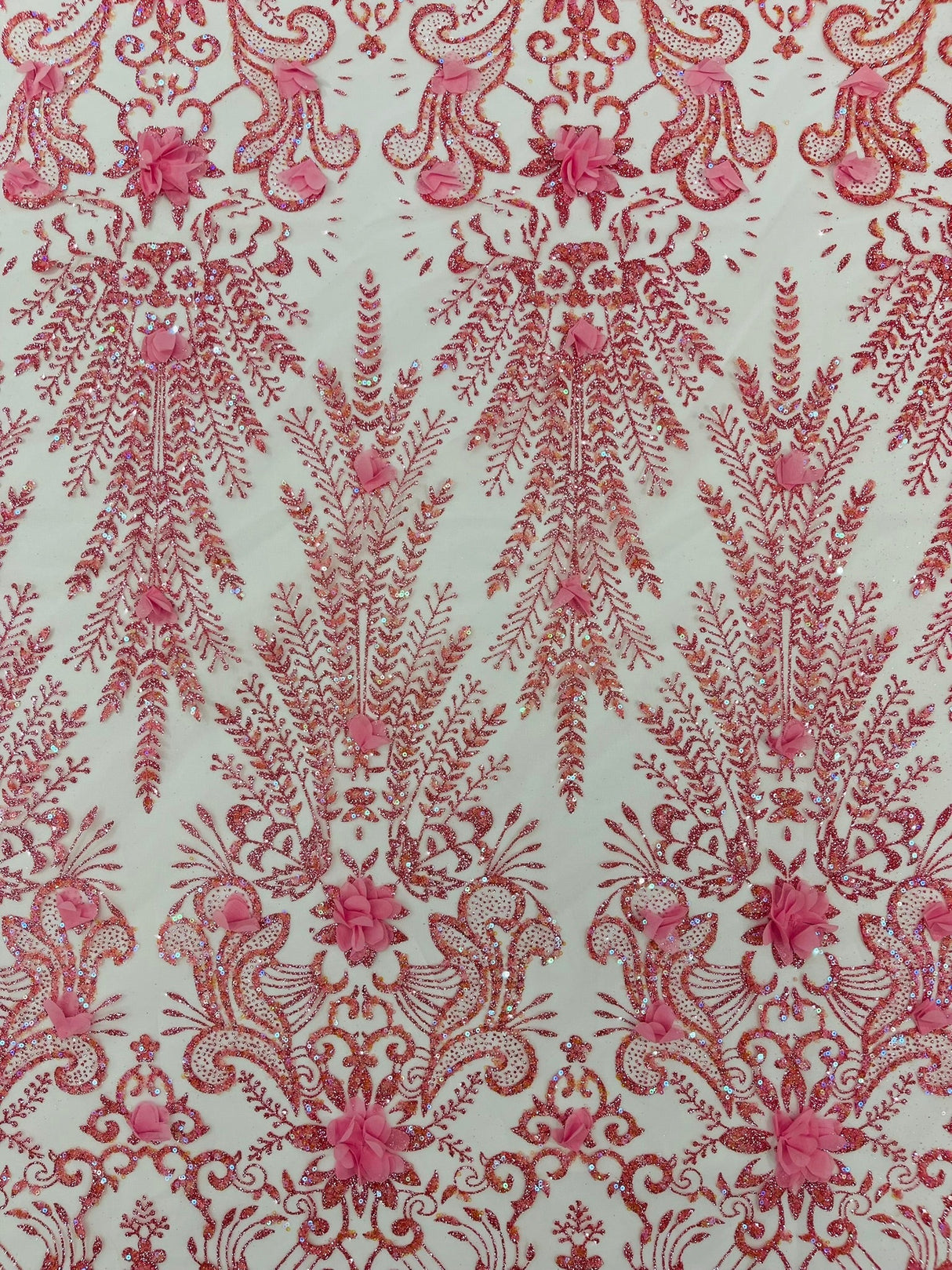 Floral 3D Palm Damask Mesh Lace Fabric - Glitter Embroidered Floral Damask, 48/50" Width, 36" Length (1 Yard)