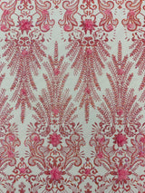 Floral 3D Palm Damask Mesh Lace Fabric - Glitter Embroidered Floral Damask, 48/50" Width, 36" Length (1 Yard)