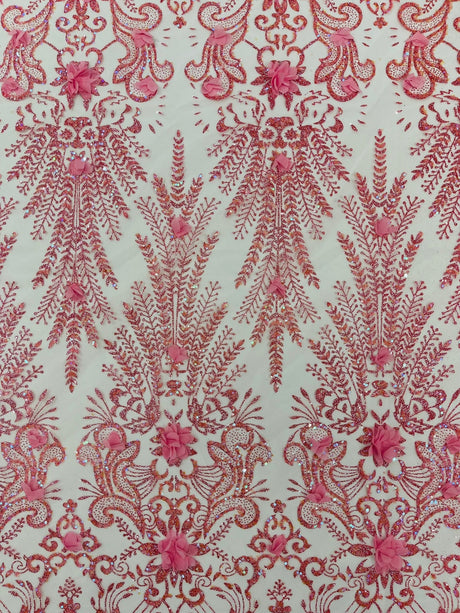 Floral 3D Palm Damask Mesh Lace Fabric - Glitter Embroidered Floral Damask, 48/50" Width, 36" Length (1 Yard)
