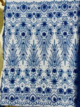 Floral 3D Palm Damask Mesh Lace Fabric - Glitter Embroidered Floral Damask, 48/50" Width, 36" Length (1 Yard)