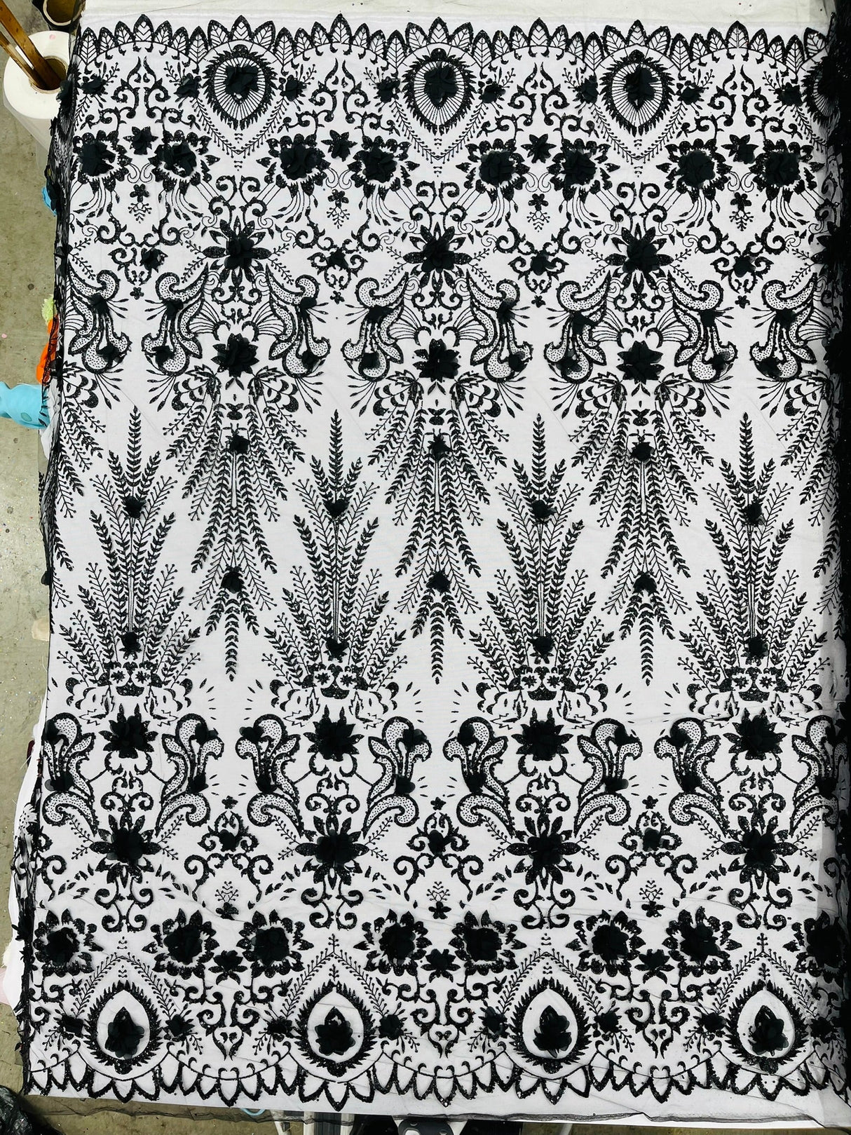 Floral 3D Palm Damask Mesh Lace Fabric - Glitter Embroidered Floral Damask, 48/50" Width, 36" Length (1 Yard)
