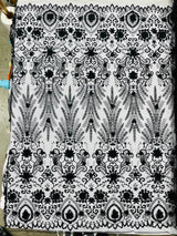 Floral 3D Palm Damask Mesh Lace Fabric - Glitter Embroidered Floral Damask, 48/50" Width, 36" Length (1 Yard)