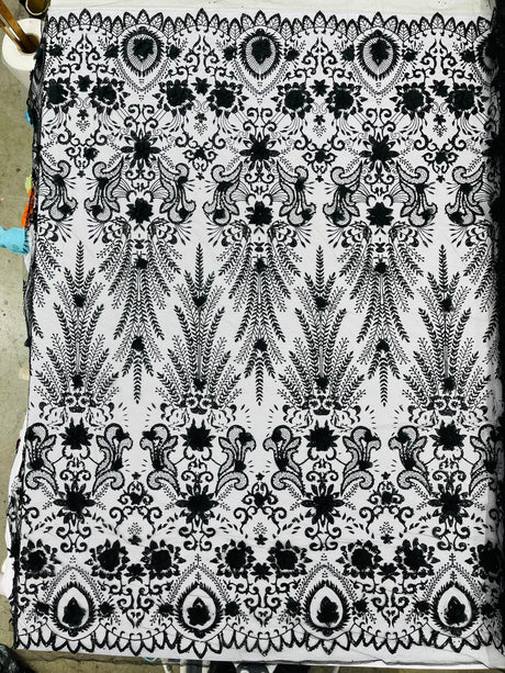 Floral 3D Palm Damask Mesh Lace Fabric - Glitter Embroidered Floral Damask, 48/50" Width, 36" Length (1 Yard)