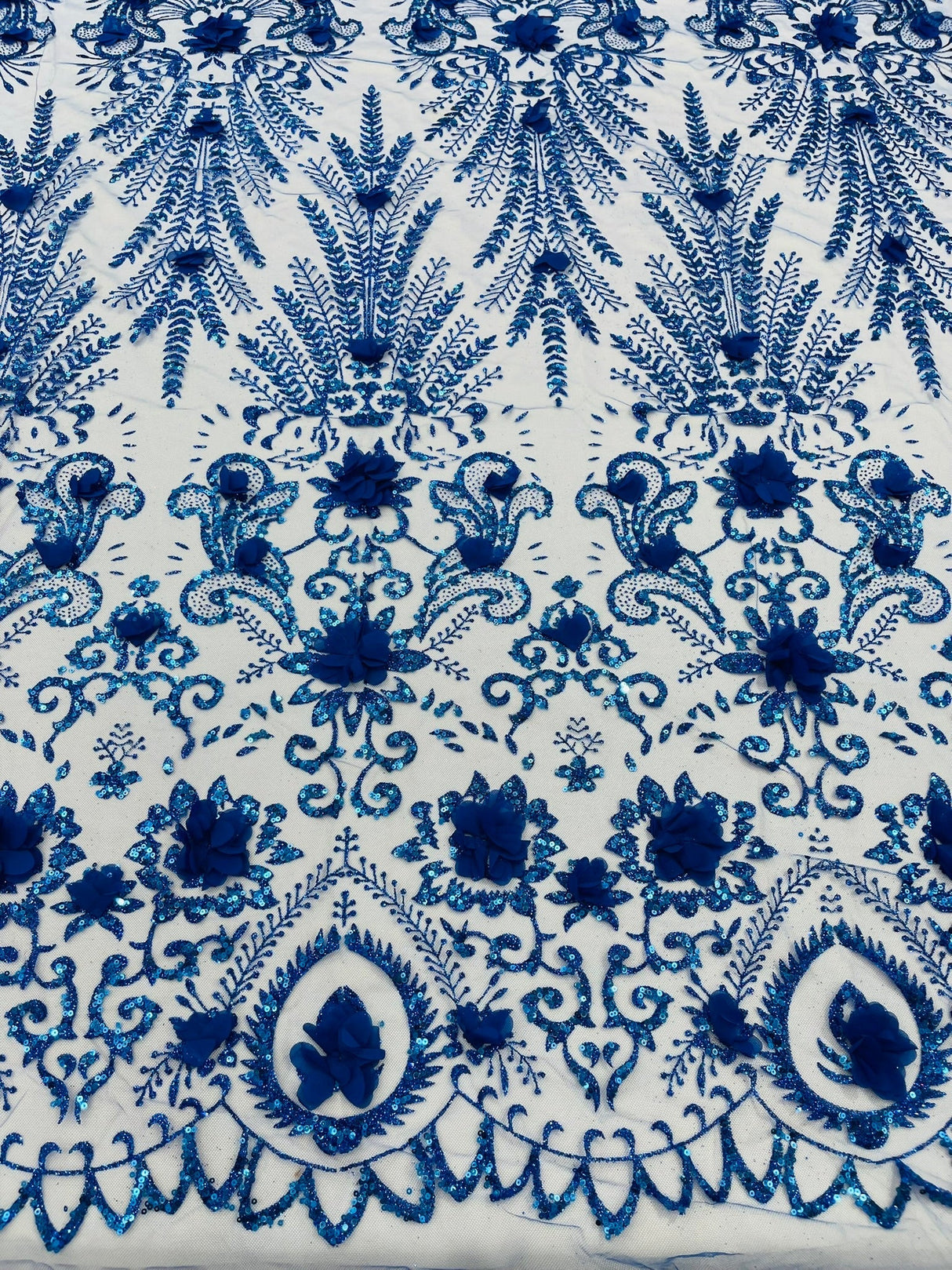 Floral 3D Palm Damask Mesh Lace Fabric - Glitter Embroidered Floral Damask, 48/50" Width, 36" Length (1 Yard)