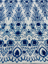 Floral 3D Palm Damask Mesh Lace Fabric - Glitter Embroidered Floral Damask, 48/50" Width, 36" Length (1 Yard)