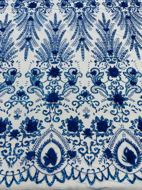 Floral 3D Palm Damask Mesh Lace Fabric - Glitter Embroidered Floral Damask, 48/50" Width, 36" Length (1 Yard)