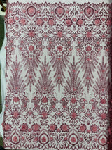 Floral 3D Palm Damask Mesh Lace Fabric - Glitter Embroidered Floral Damask, 48/50" Width, 36" Length (1 Yard)