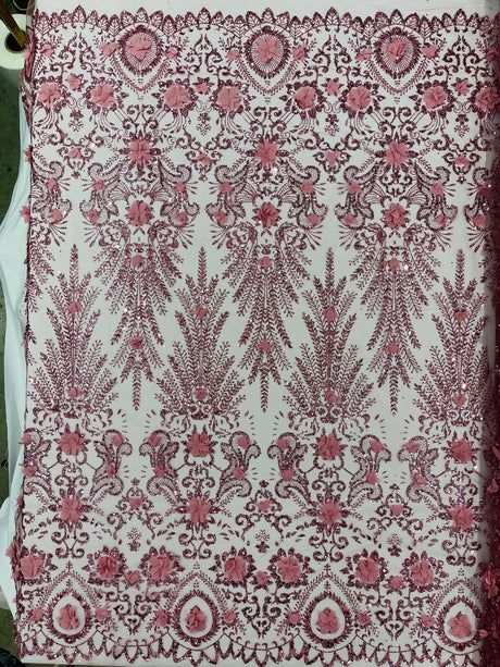 Floral 3D Palm Damask Mesh Lace Fabric - Glitter Embroidered Floral Damask, 48/50" Width, 36" Length (1 Yard)
