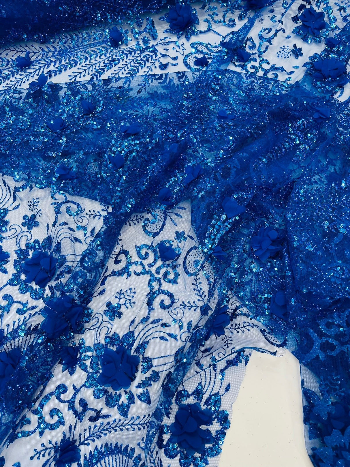 Floral 3D Palm Damask Mesh Lace Fabric - Glitter Embroidered Floral Damask, 48/50" Width, 36" Length (1 Yard)