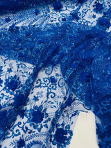 Floral 3D Palm Damask Mesh Lace Fabric - Glitter Embroidered Floral Damask, 48/50" Width, 36" Length (1 Yard)