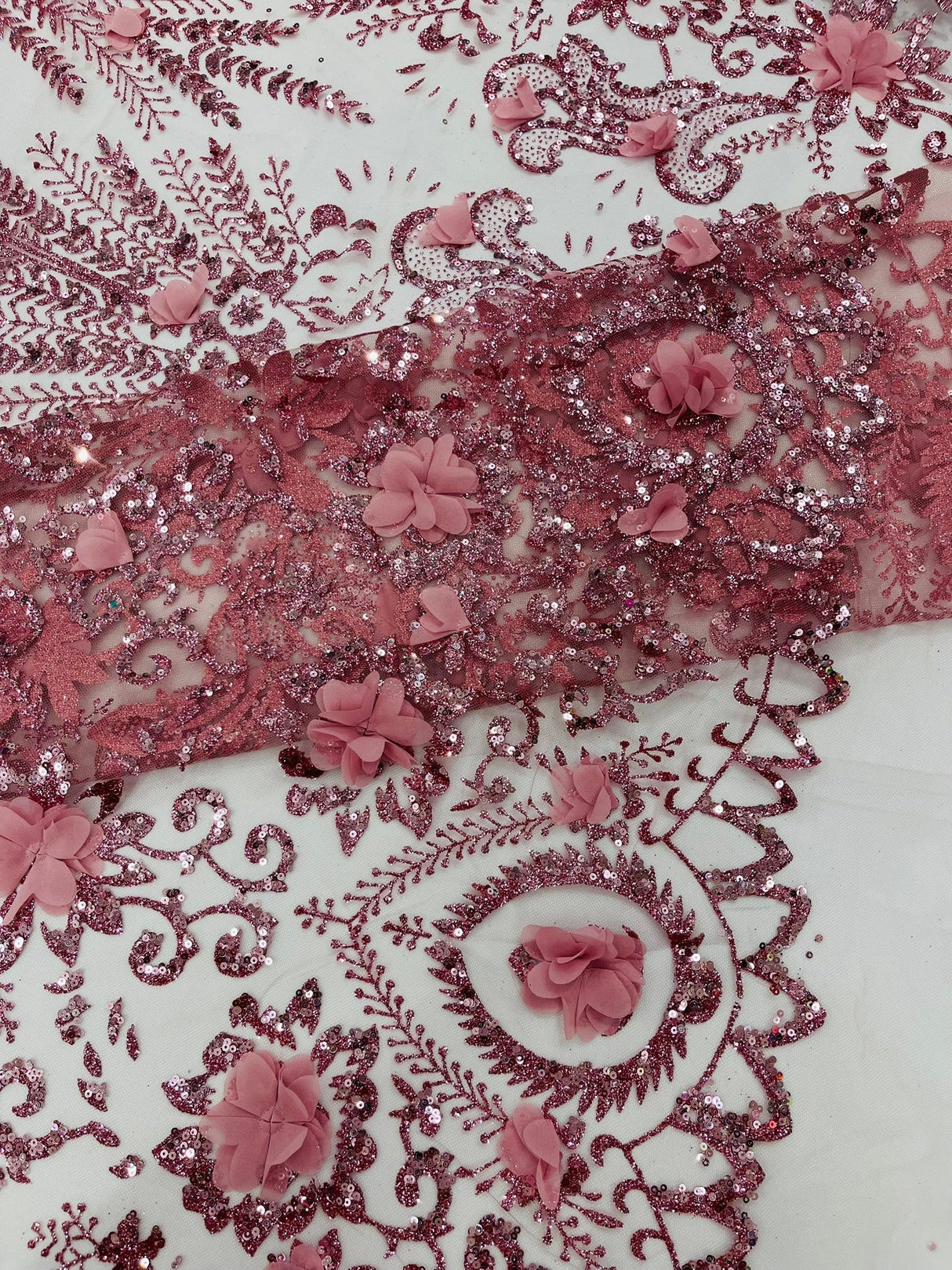 Floral 3D Palm Damask Mesh Lace Fabric - Glitter Embroidered Floral Damask, 48/50" Width, 36" Length (1 Yard)