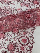 Floral 3D Palm Damask Mesh Lace Fabric - Glitter Embroidered Floral Damask, 48/50" Width, 36" Length (1 Yard)