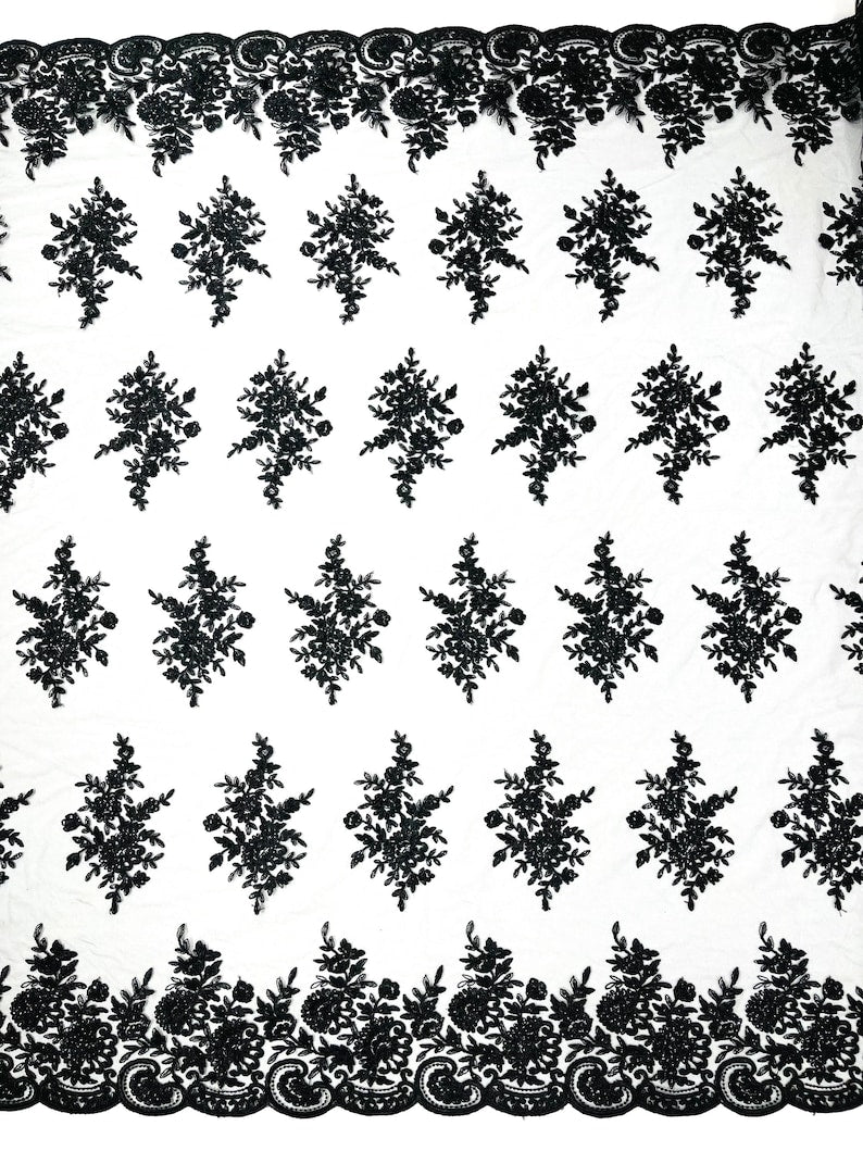 Mia Floral Design Lace Polyester Fabric - Floral Corded Embroidered Sequins Mesh Lace, 50-54" Width (1 Yard)