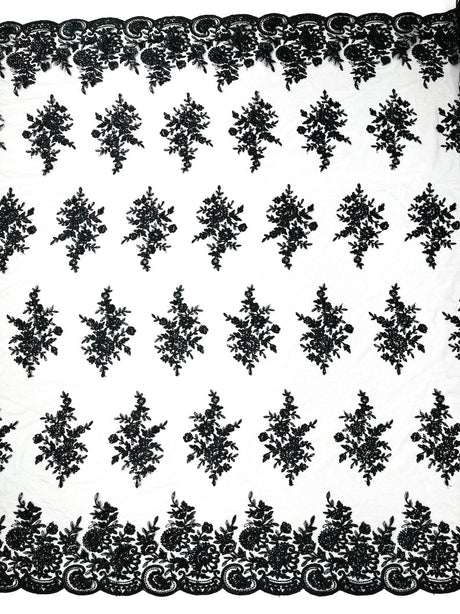 Mia Floral Design Lace Polyester Fabric - Floral Corded Embroidered Sequins Mesh Lace, 50-54" Width (1 Yard)