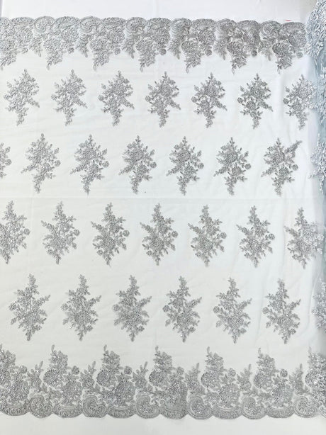 Mia Floral Design Lace Polyester Fabric - Floral Corded Embroidered Sequins Mesh Lace, 50-54" Width (1 Yard)
