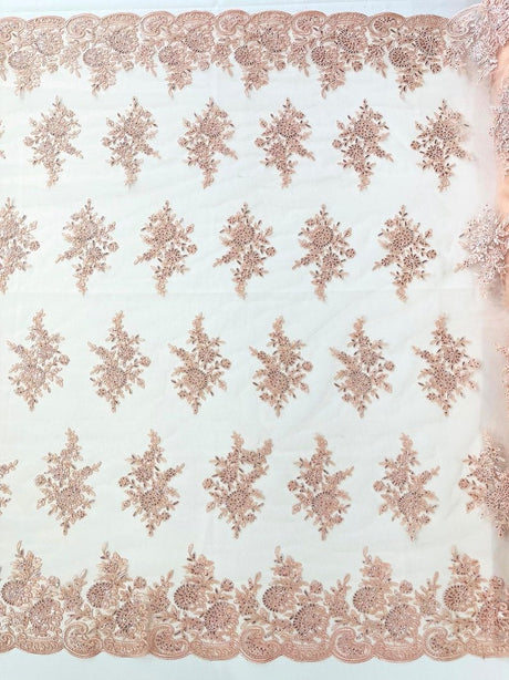 Mia Floral Design Lace Polyester Fabric - Floral Corded Embroidered Sequins Mesh Lace, 50-54" Width (1 Yard)