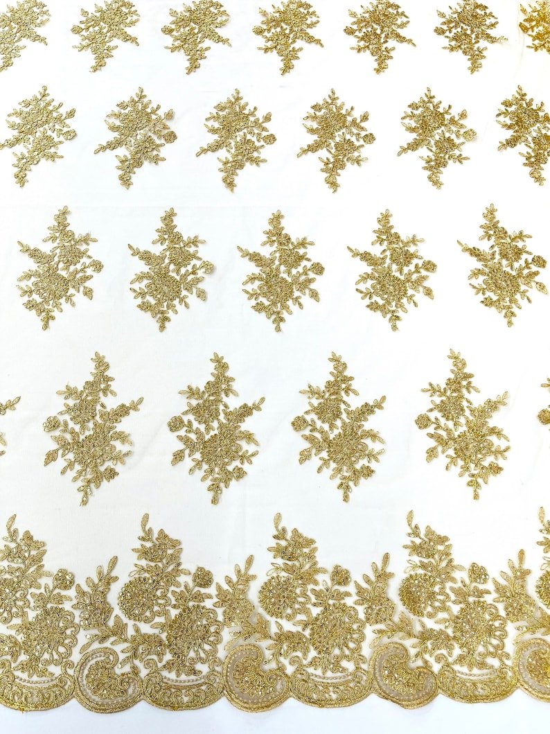 Mia Floral Design Lace Polyester Fabric - Floral Corded Embroidered Sequins Mesh Lace, 50-54" Width (1 Yard)