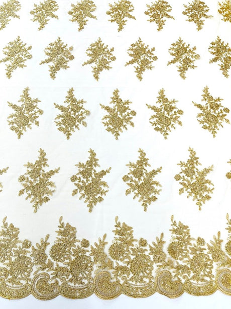 Mia Floral Design Lace Polyester Fabric - Floral Corded Embroidered Sequins Mesh Lace, 50-54" Width (1 Yard)