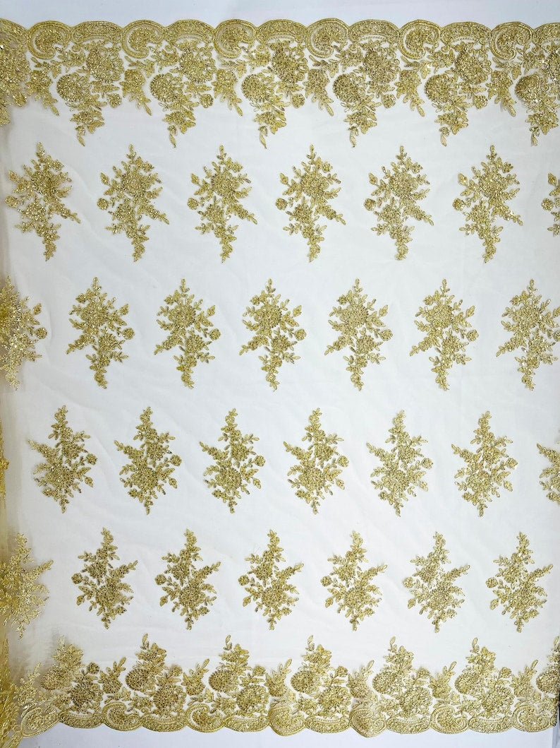 Mia Floral Design Lace Polyester Fabric - Floral Corded Embroidered Sequins Mesh Lace, 50-54" Width (1 Yard)