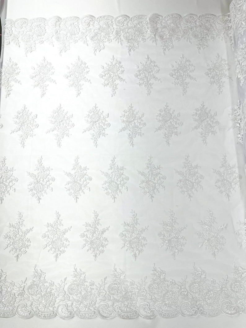 Mia Floral Design Lace Polyester Fabric - Floral Corded Embroidered Sequins Mesh Lace, 50-54" Width (1 Yard)