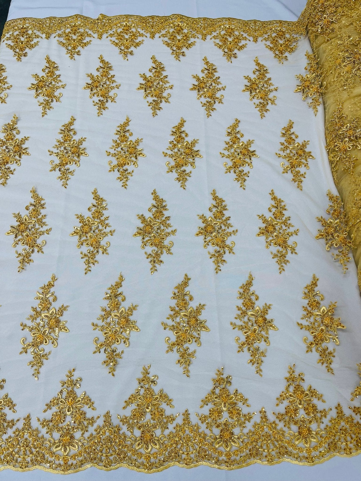Small Floral Damask Beaded Lace Fabric - Floral Damask, 54" Width (1 Yard)