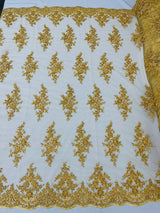 Small Floral Damask Beaded Lace Fabric - Floral Damask, 54" Width (1 Yard)
