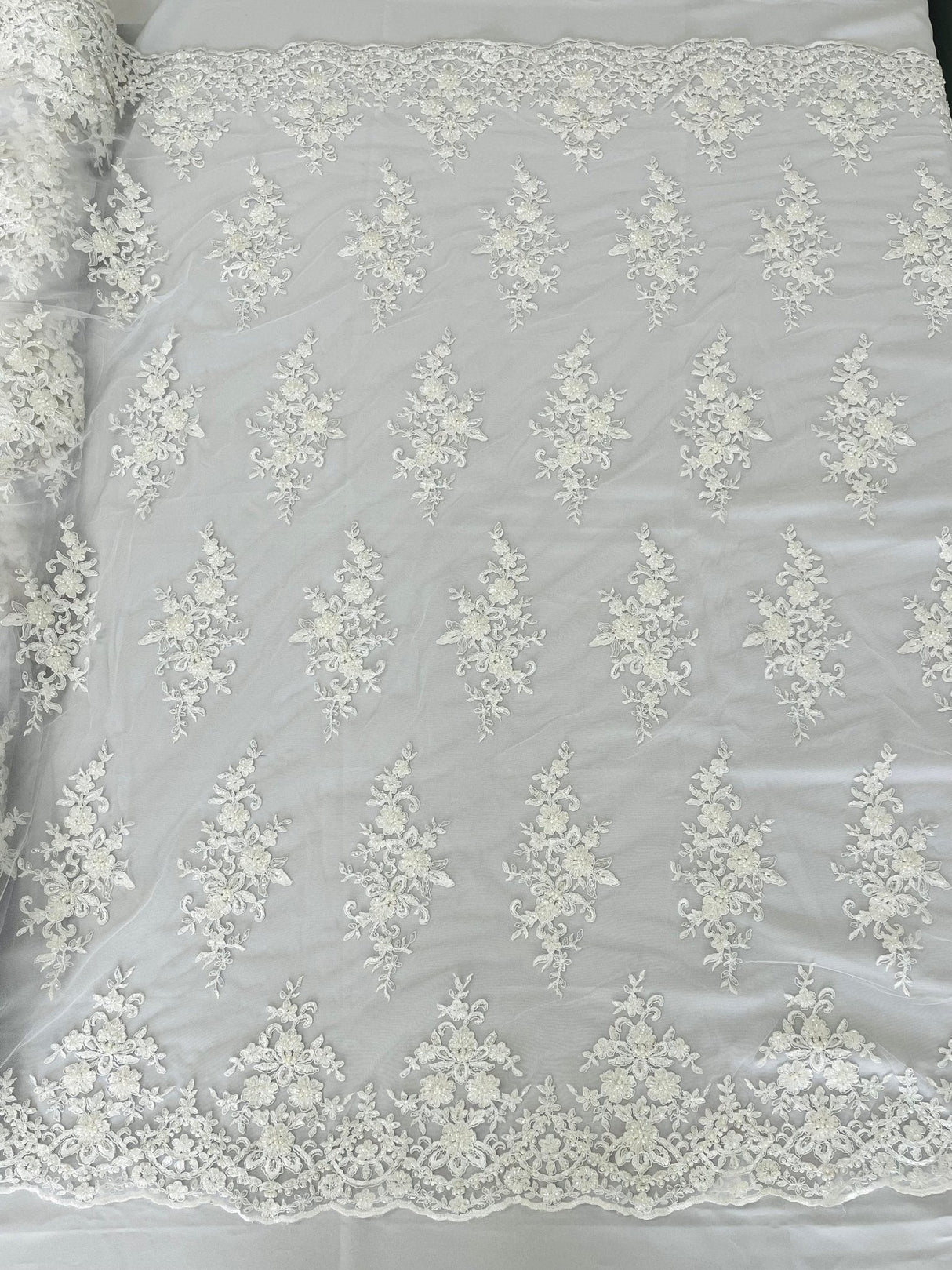 Small Floral Damask Beaded Lace Fabric - Floral Damask, 54" Width (1 Yard)