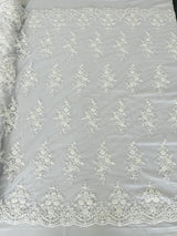Small Floral Damask Beaded Lace Fabric - Floral Damask, 54" Width (1 Yard)