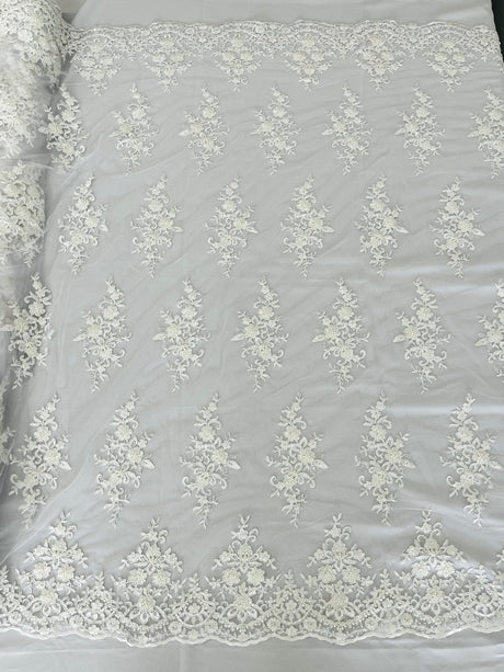 Small Floral Damask Beaded Lace Fabric - Floral Damask, 54" Width (1 Yard)