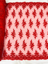 Small Floral Damask Beaded Lace Fabric - Floral Damask, 54" Width (1 Yard)