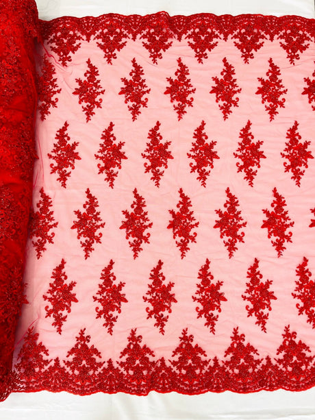Small Floral Damask Beaded Lace Fabric - Floral Damask, 54" Width (1 Yard)