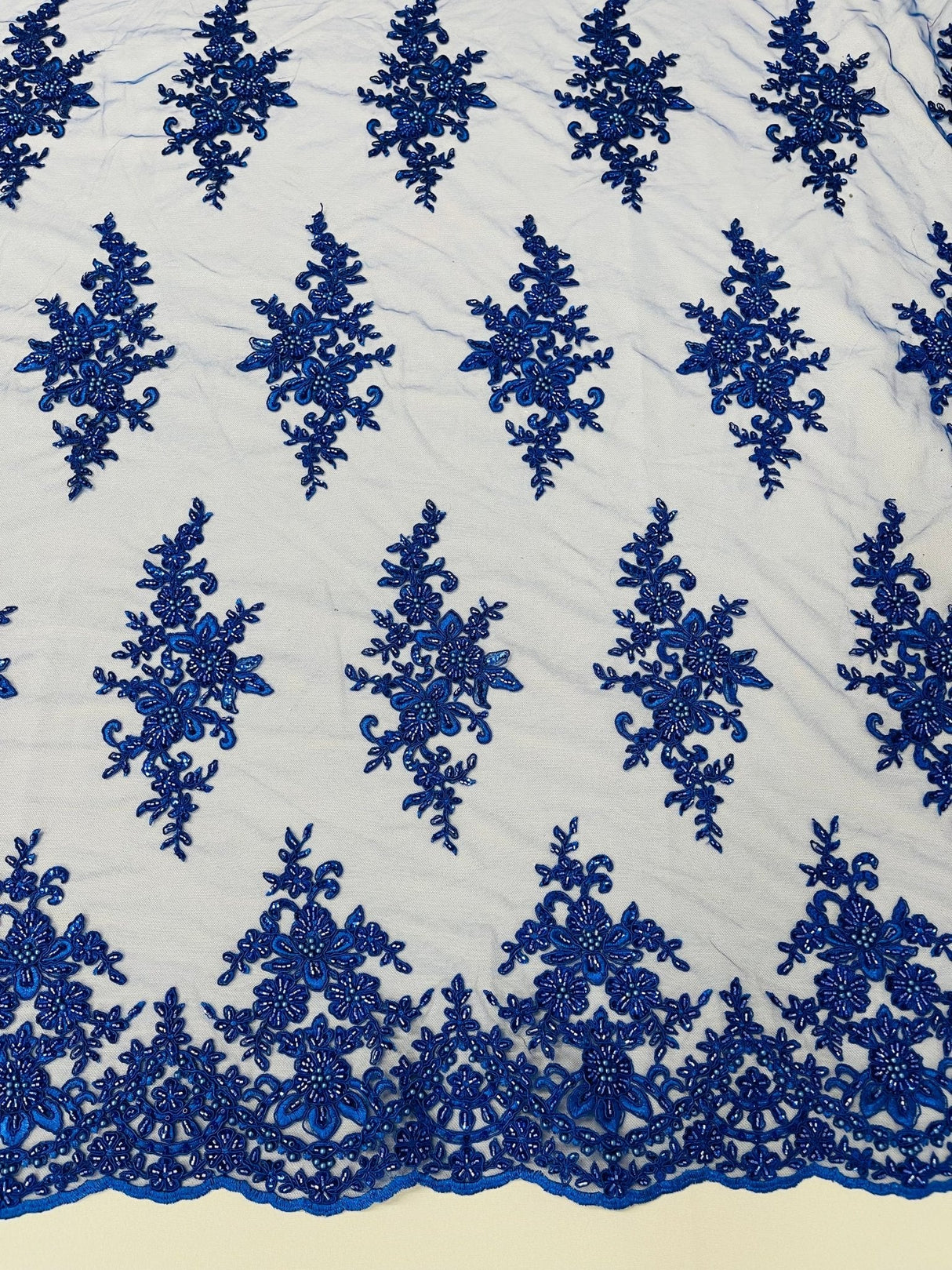 Small Floral Damask Beaded Lace Fabric - Floral Damask, 54" Width (1 Yard)