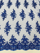 Small Floral Damask Beaded Lace Fabric - Floral Damask, 54" Width (1 Yard)